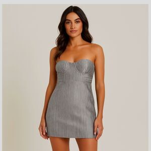 Hello Molly Silver Pleated Corset Mini Dress Metallic Y2K Babydoll Holiday Party